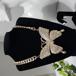 Stunning Gold Chain with Iridescent Crystals Butterfly and Earrings Set